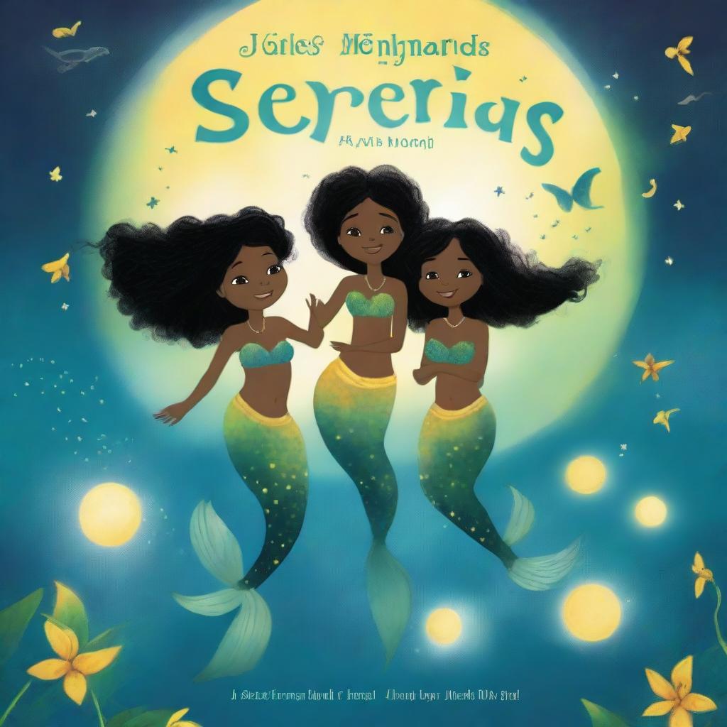 Book cover for a children's book featuring black mermaids at night with the moon and stars in the sky