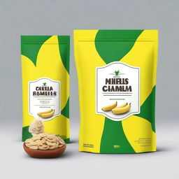 A simple, minimalist design for a stand-up pouch cover for Kerala banana chips with a yellow base