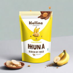 A simple, minimalist design for a stand-up pouch cover for Kerala banana chips with a yellow base