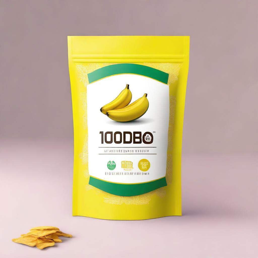 A simple, minimalist design for a stand-up pouch cover for Kerala banana chips with a yellow base