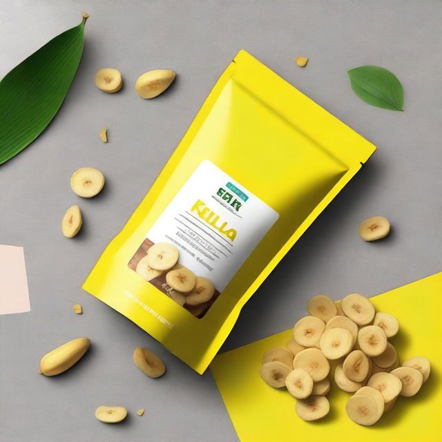 A modern, minimalist design for a stand-up pouch cover for Kerala banana chips with a yellow base