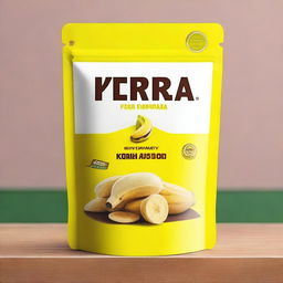 A modern, minimalist design for a stand-up pouch cover for Kerala banana chips with a yellow base