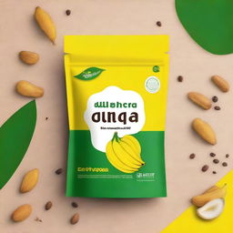 A modern, minimalist design for a stand-up pouch cover for Kerala banana chips with a yellow base