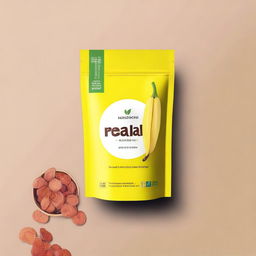 A modern, minimalist design for a stand-up pouch cover for Kerala banana chips with a yellow base