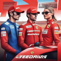 Charles Leclerc in his Ferrari suit, Carlos Sainz in his racing gear, and Blanca Sainz with a supportive expression in the foreground