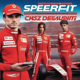 Charles Leclerc in his Ferrari suit, Carlos Sainz in his racing gear, and Blanca Sainz with a supportive expression in the foreground