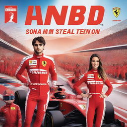 Charles Leclerc in his Ferrari suit, Carlos Sainz in his racing gear, and Blanca Sainz with a supportive expression in the foreground