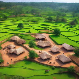 A top view of a traditional Indian village, showcasing small houses with thatched roofs, narrow winding paths, lush green fields, and people engaged in daily activities