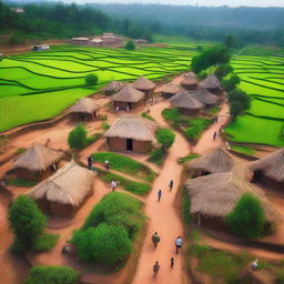 A top view of a traditional Indian village, showcasing small houses with thatched roofs, narrow winding paths, lush green fields, and people engaged in daily activities