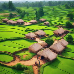 A top view of a traditional Indian village, showcasing small houses with thatched roofs, narrow winding paths, lush green fields, and people engaged in daily activities