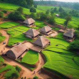 A top view of a traditional Indian village, showcasing small houses with thatched roofs, narrow winding paths, lush green fields, and people engaged in daily activities