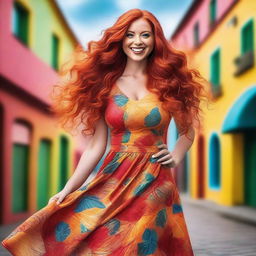 A beautiful ginger woman with a voluptuous figure, wearing a stylish dress