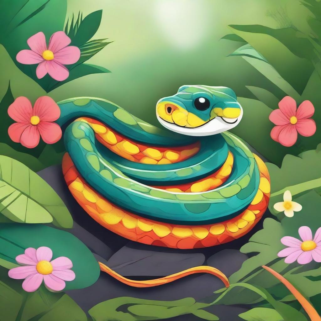 A detailed illustration of Cicil the snake, a friendly and colorful snake with a cheerful expression