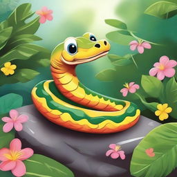 A detailed illustration of Cicil the snake, a friendly and colorful snake with a cheerful expression