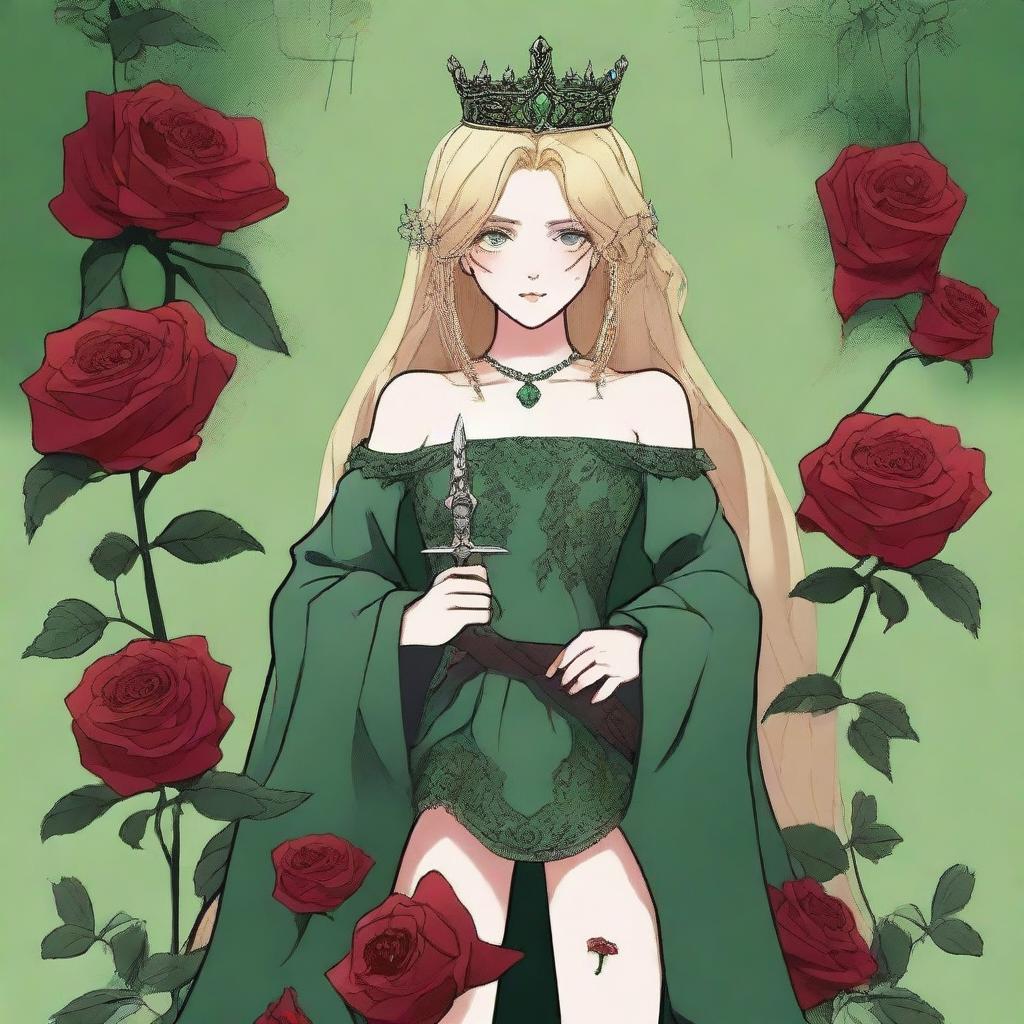 A girl with green eyes and blonde hair wearing a crown made of roses and a green gown, showing one of her legs