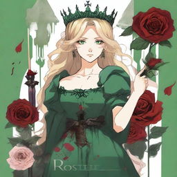 A girl with green eyes and blonde hair wearing a crown made of roses and a green gown, showing one of her legs