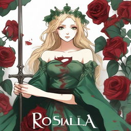 A girl with green eyes and blonde hair wearing a crown made of roses and a green gown, showing one of her legs