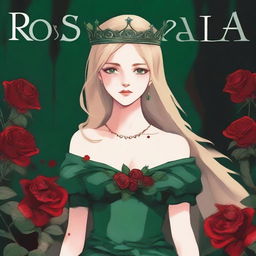 A girl with green eyes and blonde hair wearing a crown made of roses and a green gown, showing one of her legs