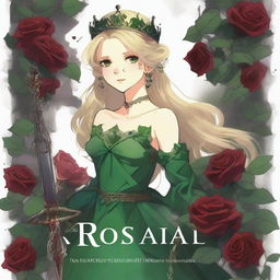 A girl with green eyes and blonde hair wearing a crown made of roses and a green gown, showing one of her legs