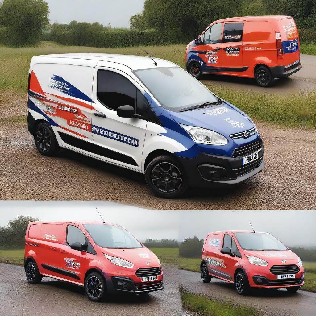 Create an image blending a Ford Transit van and a Peugeot 208 from 2016, both featuring a rally livery