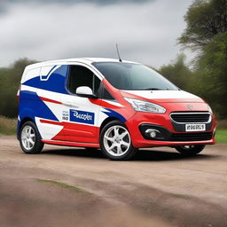 Create an image blending a Ford Transit van and a Peugeot 208 from 2016, both featuring a rally livery