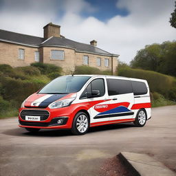 Create an image blending a Ford Transit van and a Peugeot 208 from 2016, both featuring a rally livery