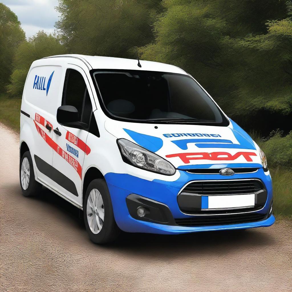 Create an image blending a Ford Transit van and a Peugeot 208 from 2016, both featuring a rally livery