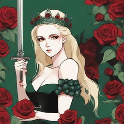 A girl with green eyes and blonde hair wearing a crown made of red roses and a green gown, showing one of her legs