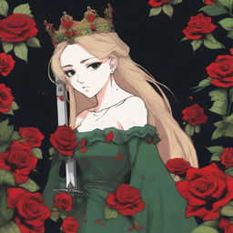 A girl with green eyes and blonde hair wearing a crown made of red roses and a green gown, showing one of her legs