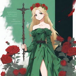 A girl with green eyes and blonde hair wearing a crown made of red roses and a green gown, showing one of her legs