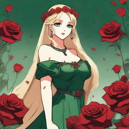 A girl with green eyes and blonde hair wearing a crown made of red roses and a green gown, showing one of her legs