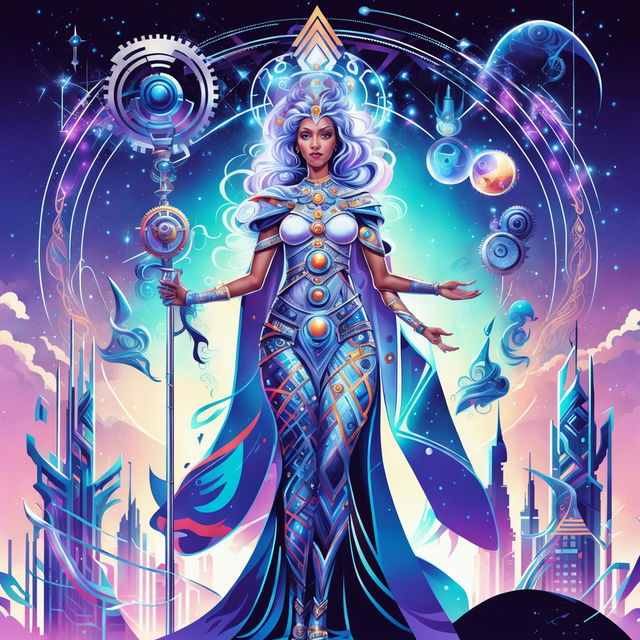 A high-quality image of a Goddess of Technology and Invention, blending ancient and futuristic elements, with a celestial and high-tech cityscape background