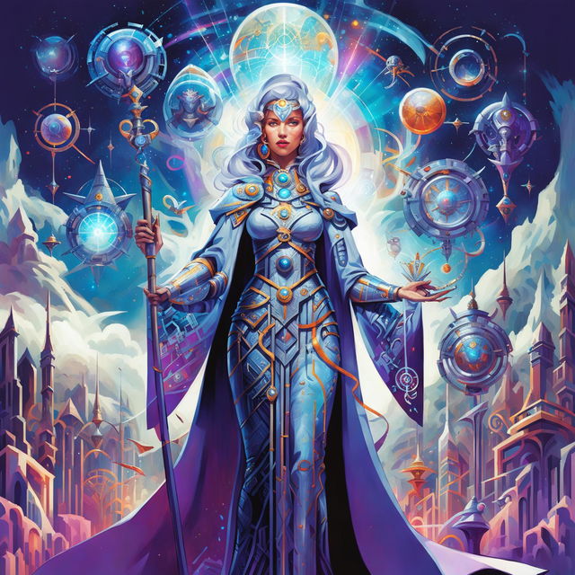 A high-quality image of a Goddess of Technology and Invention in the Dungeons and Dragons art style, blending ancient and futuristic elements with a celestial and high-tech mystical cityscape background