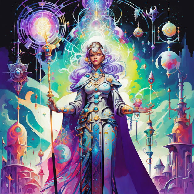 A high-quality image of a Goddess of Technology, Invention, and Creation in the Dungeons and Dragons art style, blending ancient and futuristic elements with a celestial and high-tech mystical cityscape background