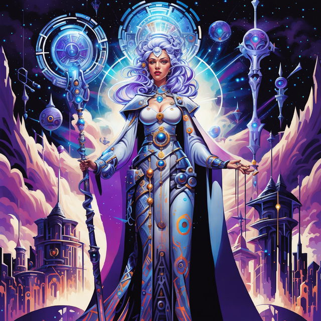 A high-quality image of a Goddess of Technology in the Dungeons and Dragons art style, blending ancient and futuristic elements with a celestial and high-tech mystical cityscape background