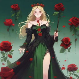 A girl with green eyes and blonde hair wearing a crown made of red roses and a green gown, showing one of her legs