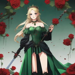 A girl with green eyes and blonde hair wearing a crown made of red roses and a green gown, showing one of her legs