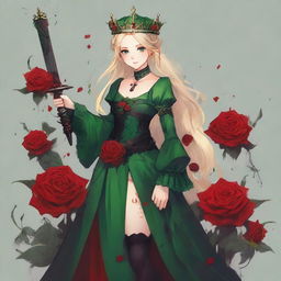 A girl with green eyes and blonde hair wearing a crown made of red roses and a green gown, showing one of her legs