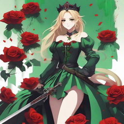 A girl with green eyes and blonde hair wearing a crown made of red roses and a green gown, showing one of her legs