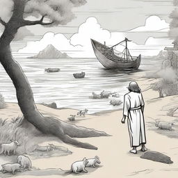 A scene depicting Noah after crashing the ark on a deserted island