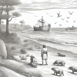 A scene depicting Noah after crashing the ark on a deserted island