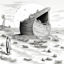 A scene depicting Noah after crashing the ark on a deserted island