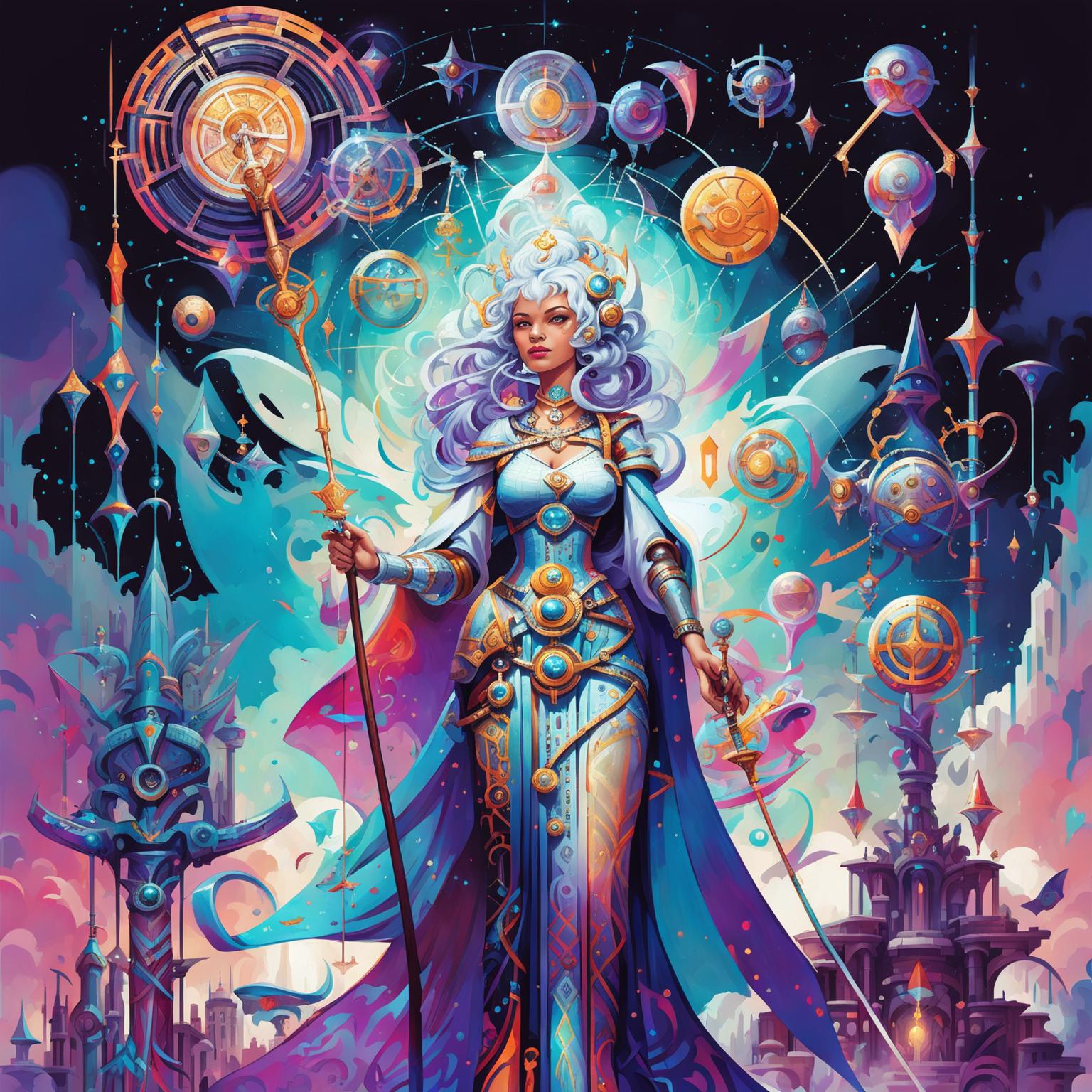 A high-quality image of a Goddess of Technology and Invention in the Dungeons and Dragons art style, blending ancient and futuristic elements with a celestial and high-tech mystical cityscape background