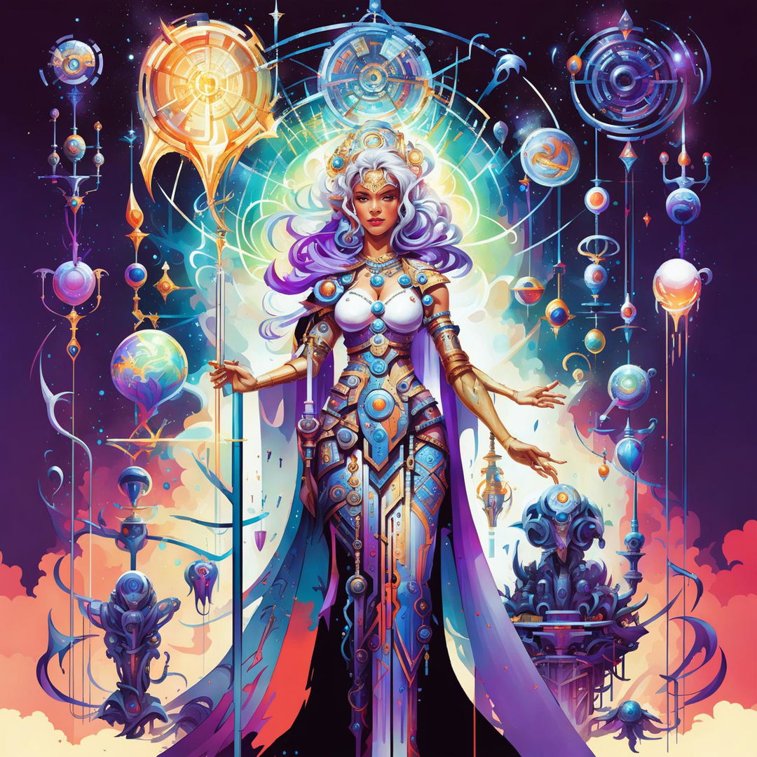 A high-quality image of a Goddess of Technology and Invention in the Dungeons and Dragons art style, blending ancient and futuristic elements with a celestial and high-tech mystical cityscape background