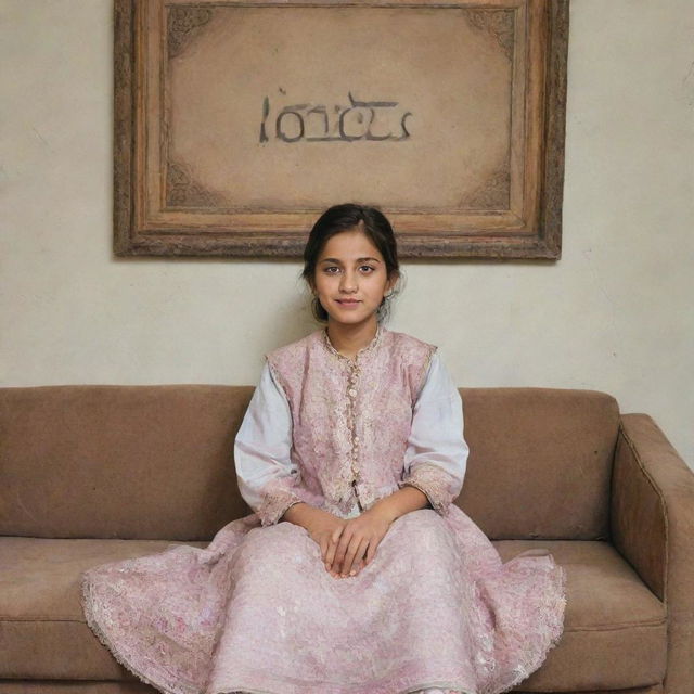 A Pakistani girl, dressed in traditional attire, is seated comfortably on a sofa. On the wall behind her, the name 'Mehroo' is tastefully written.