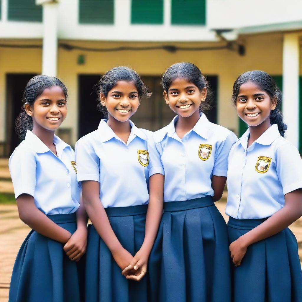 A group of Sri Lankan school girls in their traditional school uniforms, standing in front of a school building