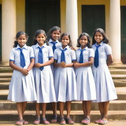 A group of Sri Lankan school girls in their traditional school uniforms, standing in front of a school building