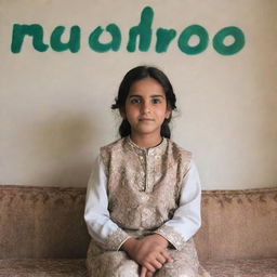 A Pakistani girl, dressed in traditional attire, is seated comfortably on a sofa. On the wall behind her, the name 'Mehroo' is tastefully written.