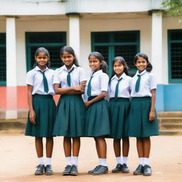 A group of Sri Lankan school girls in their traditional school uniforms, standing in front of a school building