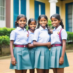 A group of Sri Lankan school girls in their traditional school uniforms, standing in front of a school building